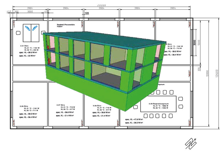 Abb. 1 Referenz-Bürogebäude zur vergleichenden Untersuchung von Betonkerntemperier-Systemen mit wasser- und mit luftführenden Leitungen.