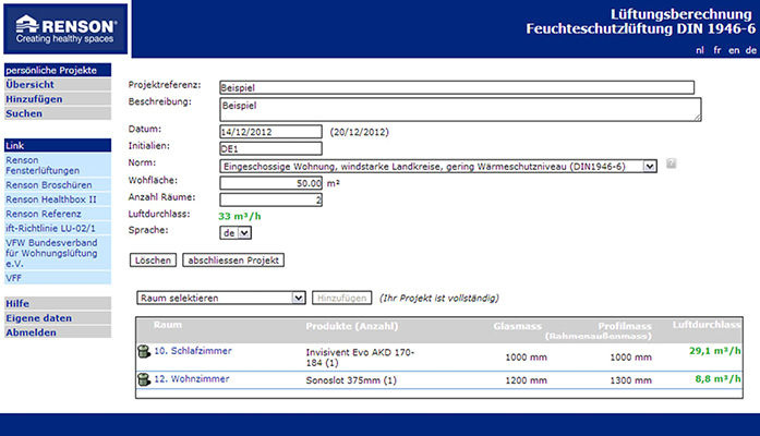 Renson: Excel-Tool für die Anwendung von DIN 1946-6.