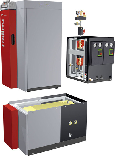 Fröling: HolzpelletHeizkessel P1 Pellet mit Hydraulik- und Boilerblock. - © Fröling
 Fröling: HolzpelletHeizkessel P1 Pellet mit Hydraulik- und Boilerblock.