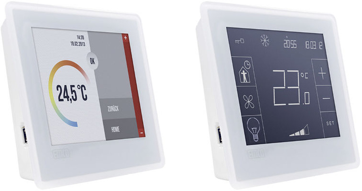 Emco: Raumbedien­geräte MFR-Touch (links) und MFR-LC (Standardversion). - © Emco
