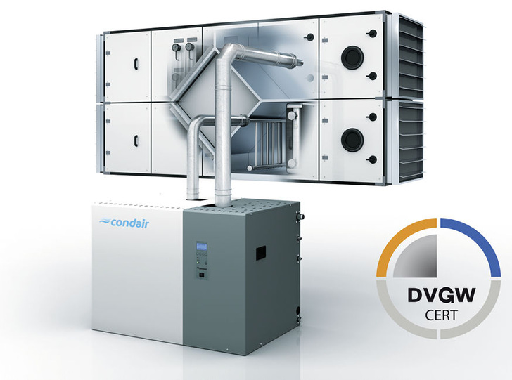Condair: Erdgas-Dampf-Luftbefeuchter GS mit Abgasabführung über die Gebäude­abluft.
