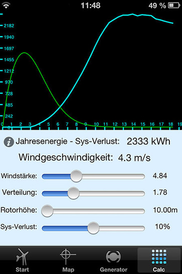Kleinwindkraft-Portal: Ergebnis­darstellung der App Wind Power.