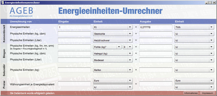 AG Energiebilanzen: PC-Version des Energieeinheiten-Umrechners. - © AG Energiebilanzen
