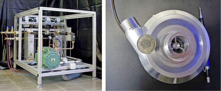 Abb. 1 Mit Niederhub-Temperatursystemen zum Heizen und Kühlen lässt sich die Energieeffizienz ­signifikant erhöhen. Allerdings sind derzeit noch keine geeigneten Kompressoren für den Betrieb mit kleinen Temperaturhüben und kleinen Druckver­hältnissen am Markt verfügbar. Links: NiederhubWärmepumpenanlage mit Hubkolben-Kompressor im Labor der Hochschule Luzern. Rechts: Prototyp ­eines Turbokompressors für eine NiederhubWärmepumpe mit einer Heizleistung von 10 kW.
