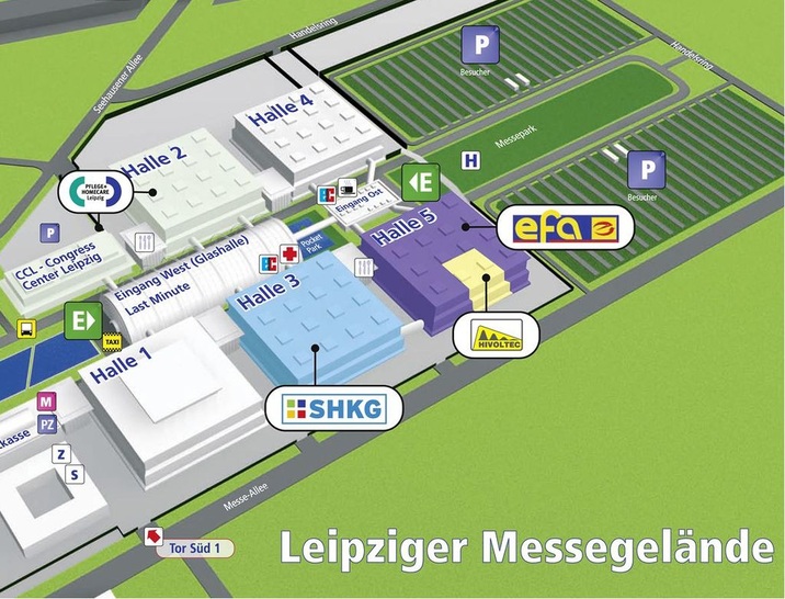 Parallel zur SHKG in Halle 3 finden in Halle 5 die Elektrofachmesse efa und in Halle 2 die Pflege+Homecare statt. - © Leipziger Messe
