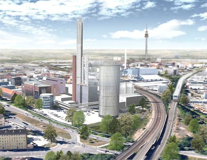 Abb. 1 In diesem Wärmespeicherturm wird künftig überschüssiger Strom aus Kraft-Wärme-Kopplung sowie Windkraft- und PV-Anlagen in Wärme ­umgewandelt und gespeichert. Die Nürnberger N-Ergie verspricht sich davon eine bessere ­Nutzung von Überschusswärme und von ­preisattraktiven Stromangeboten.