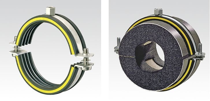 Müpro: Schraubrohrschelle mit Dämmgulast und ­Iso-Schelle Typ M mit Dämmgulast und Iso-Schale.