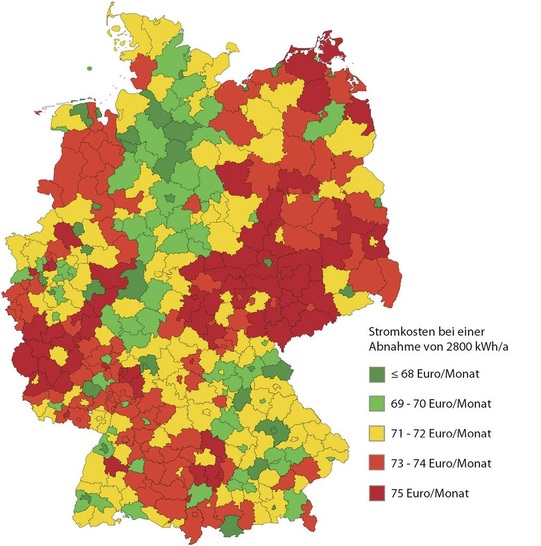 Abb. 1 Atlas für Strompreise auf der Basis des günstigsten Stromtarifs des lokalen ­Stromanbieters bei einem Strombezug von 2800 kWh/a. Tarife mit Kaution, Vorkasse und einmaligem Bonus ­wurden nicht berücksichtigt. - © www.stromauskunft.de
