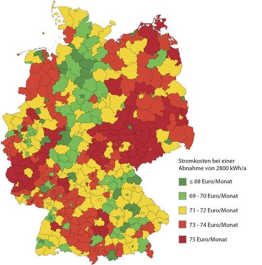 Abb. 1 Atlas für Strompreise auf der Basis des günstigsten Stromtarifs des lokalen ­Stromanbieters bei einem Strombezug von 2800 kWh/a. Tarife mit Kaution, Vorkasse und einmaligem Bonus ­wurden nicht berücksichtigt.