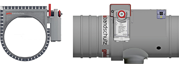 <p>

Abb. 1

 Brandschutzklappe GBK-K90 mit freiem Querschnitt und Stellantrieb zum motorisierten Öffnen und Schließen, zur Ansteuerung über die Gebäudeleittechnik und zur Vereinfachung der Revision. An den seitlichen Stutzen (bis Nenngröße 250/160 mm) kann eine Luftleitung deckennah direkt angeschlossen werden. 

</p> - © Bild: geba Bartholomäus GmbH

