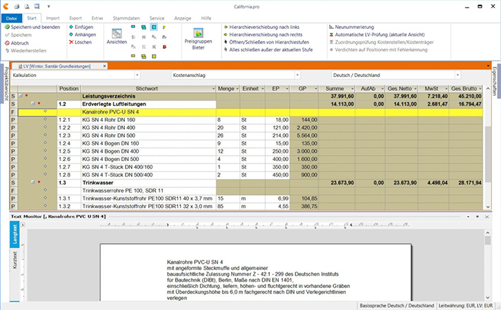 

Abb. 1

 Bearbeitung eines Leistungsverzeichnisses in der Software für AVA- und Baucontrolling California.pro.

