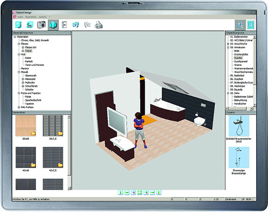 
1
 3D-Badplaner unterstützen die Ausführungs- und Detailplanung, Ausschreibung oder Angebotserstellung, Bestellung und Ausführung. Die Einrichtungsgegenstände werden dazu aus einem bebilderten Hersteller-Katalog ausgewählt und per Drag-and-drop eingefügt. 
