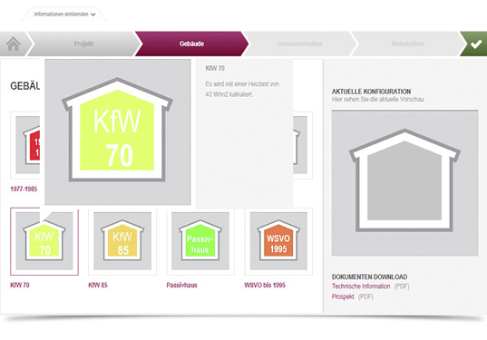



Rehau: Auswahl des Dämmstandards im Online-Kalkulator für Flächenheizungen. 
