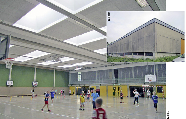 <p>
<span class="GVAbbildungszahl">1</span>
 Außen sieht man der Sporthalle des Schulzentrums Herkenrath noch ihr Alter an. Innen präsentiert sich die Halle schon im neuen Look, einschließlich der Deckenstrahlplatten. 
</p>