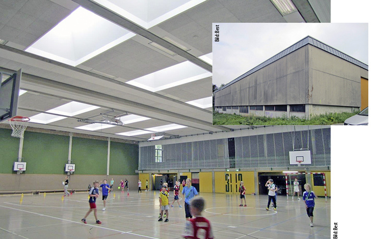 
1
 Außen sieht man der Sporthalle des Schulzentrums Herkenrath noch ihr Alter an. Innen präsentiert sich die Halle schon im neuen Look, einschließlich der Deckenstrahlplatten. 
