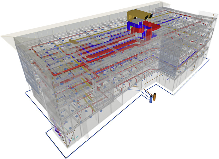 <p>
<span class="GVAbbildungszahl">1</span>
 3D-Gesamtansicht eines Gebäudes mit tech-nischer Gebäudeausrüstung. Wer jetzt nicht in die BIM-orien-tierte TGA-Planung einsteigt, verliert womöglich den Anschluss. 
</p>

<p>
</p> - © Bild: Plancal

