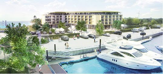 

Vorderansicht des geplanten Hotels im Yachthafen ancora Marina. 





