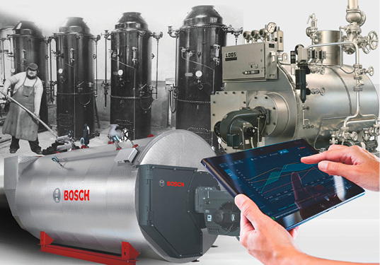 <p>
</p>

<p>
Bosch Industriekessel: Von der Kesselschmiede zum Systemlieferanten: Die Industriekessel von damals und heute. 
</p> - © Bosch

