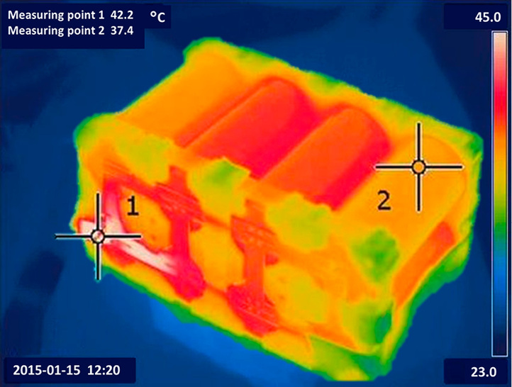 <p>
</p>

<p>
<span class="GVAbbildungszahl">1</span>
 Nicht nur auf die Zelle, auch auf das Batteriedesign kommt es bei Stromspeichern an. Solche Hotspots können zum „thermischen Durchgehen“ der Batterie führen. 
</p> - © KIT, Competence E

