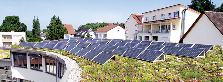 



1
 Stadtwerke Pfullendorf, Gründach mit Photovoltaik. Die Halterung der Solarpaneele stammt vom Dachbegrüner, um die Auflast durch das Substrat zu gewährleisten. 
