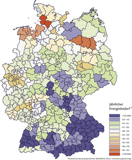 <p>
</p>

<p>
<span class="GVAbbildungszahl">1</span>
 Jährlicher Heizenergiebedarf in Mehrfamilienhäusern 
</p>

<p>
im Jahr 2014, bezogen auf die Wohnfläche, Klima- und witterungsbereinigt. 
</p> - © Wärmemonitor Deutschland 2014

