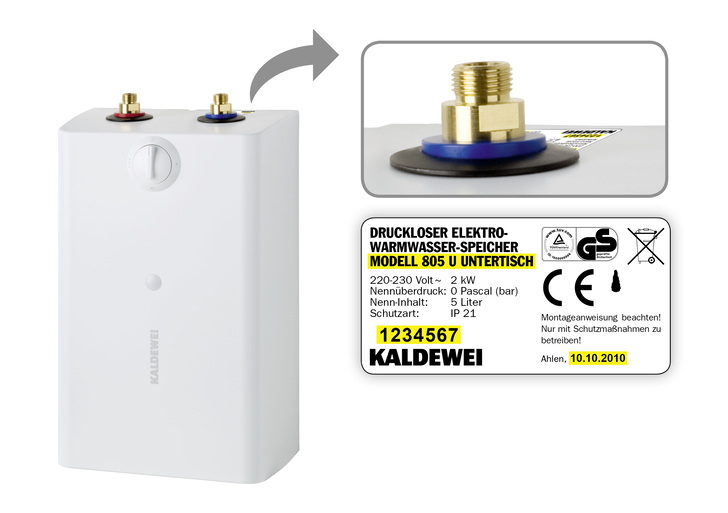Produktwarnung zu Kaldewei Elektro-Warmwasser-Speicher Modell 805-U Untertisch der Produktionsjahre von 2008 bis zum 14.01.2013 - © Kaldewei

