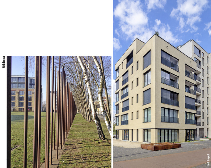 
1
 3,5 m hohe Eisenstangen zeichnen als Teil der Mauergedenkstätte Bernauer Straße“ den Verlauf der ehemaligen Berliner Grenzmauer nach. Der Neubau „Nr. 49“ in der legendären Straße bietet zwölf exklusiv ausgestattete Wohnungen und zwei Gewerbeeinheiten im Erdgeschoss. 
