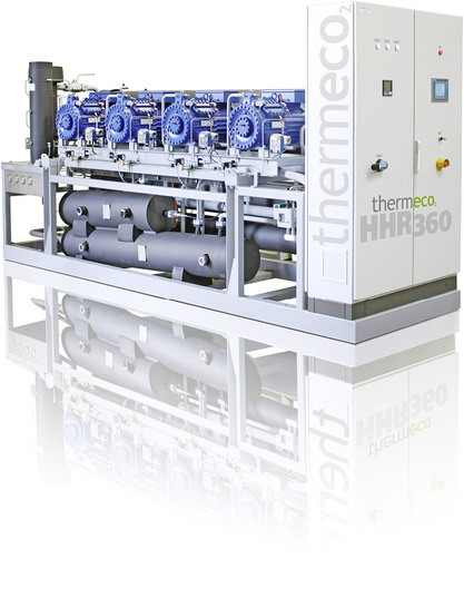 
1
 Diese thermeco
2
-Wärmepumpe nutzt 18 °C warmes Tagebau-Grundwasser, sogenanntes Sümpfungswasser, eines Braunkohle-Tagebaureviers nahe der Stadt Bergheim, Rhein-Erft-Kreis, um in einem kommunalen Nahwärmenetz die Temperatur des Rücklaufs von 40 bis max. 55 °C auf 90 °C Vorlauftemperatur anzuheben. Die Hochtemperatur-Wärmepumpe (Leistung 360 kW) arbeitet mit dem natürlichen Kältemittel Kohlenstoffdioxid (CO
2
). 



