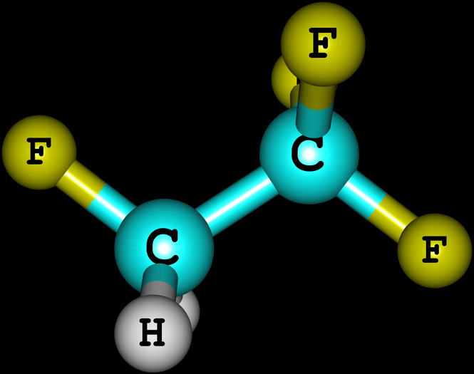 R134a-Molekül (1,1,1,2-Tetrafluorethan, C2H2F4 bzw. H2FC-CF3).