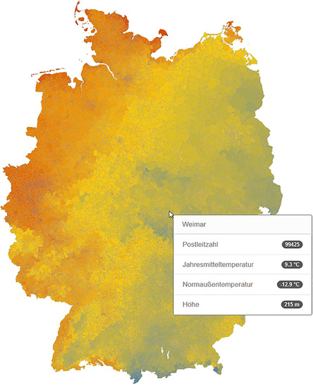 



1
 BWP-Klimakarte für Deutschland 



Postleitzahlenscharfe Visualisierung der Normaußentemperatur zur Ermittlung der Jahresarbeitszahl von Wärmepumpenanlagen
