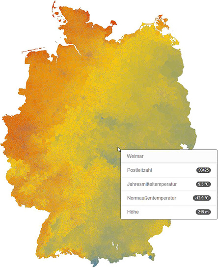 <p>
</p>

<p>
<span class="GVAbbildungszahl">1</span>
 BWP-Klimakarte für Deutschland 
</p>

<p>
Postleitzahlenscharfe Visualisierung der Normaußentemperatur zur Ermittlung der Jahresarbeitszahl von Wärmepumpenanlagen
</p> - © Bundesverband Wärmepumpe

