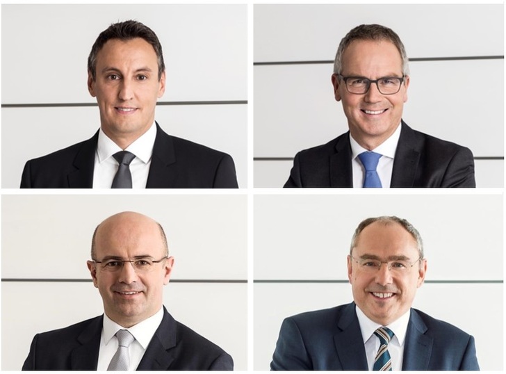 Hansgrohe-Vorstandsteam: (oben, v.l.) Hans Jürgen Kalmbach (Vorsitzender), Reinhard Mayer (stellv. Vorsitzender), (unten v.l.) Christophe Gourlan und Frank Semling. - © Hansgrohe SE
