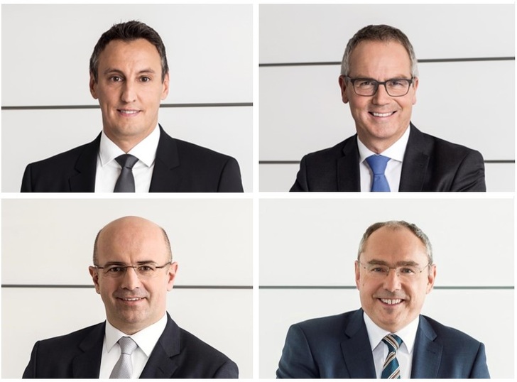 Hansgrohe-Vorstandsteam: (oben, v.l.) Hans Jürgen Kalmbach (Vorsitzender), Reinhard Mayer (stellv. Vorsitzender), (unten v.l.) Christophe Gourlan und Frank Semling.