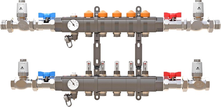 PYD-Thermosysteme: PYD-Dynab-Verteiler mit 4-Leiter-Anschlussgruppe.