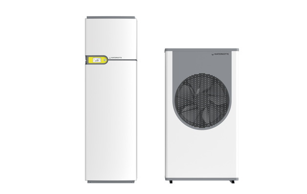 Auf der ISH 2019 von Waterkotte erstmalig der Öffentlichkeit präsentierte Luft/Wasser-Wärmpumpe EcoTouch Ai1 Air Bloc mit dem Kältemittel R32.