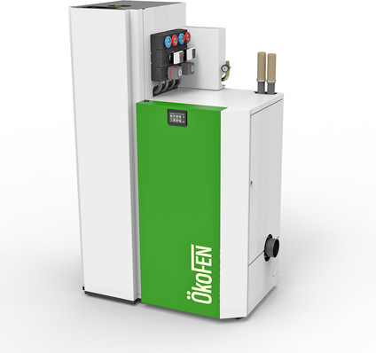 ÖkoFEN: Smartlink (links) neben einem Pellematic-Heizkessel.