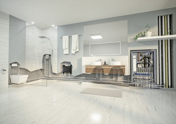 Bild 1:  Die Kombination aus dezentraler Trinkwassererwärmung im Durchlaufprinzip, 
Durchschleif-Ringinstallation und bedarfsgerechter Hygienespülung bringt Hygiene, Komfort und Energieeffizienz sicher in Einklang.