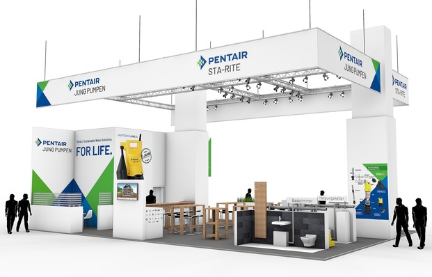 Stand-Konzept der Pentair-Marken Jung Pumpen und Sta-Rite für die ISH 2019. Kundennähe auf dem Messestand und das Hygienekonzept der Frankfurter Messe lassen sich aus Sicht von Pentair Jung Pumpen nicht vereinbaren.