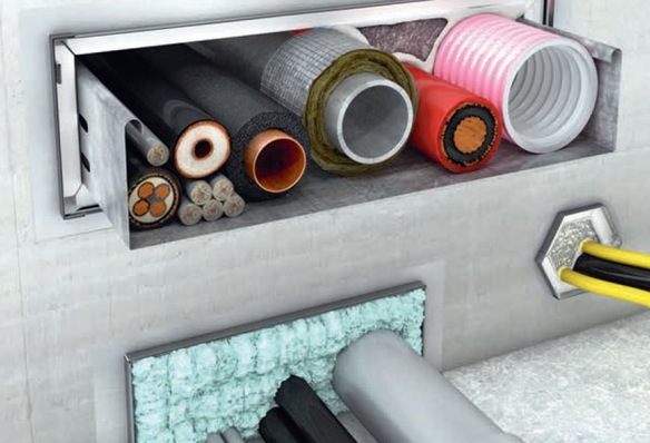 „FST-Kombibox“ für die bauaufsichtlich zugelassene gemeinsame Durchführung von Elektro- und Rohrleitungen.