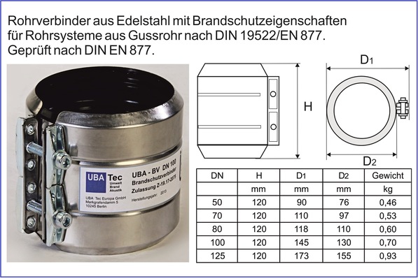 Der Brandschutzverbinder UBA-BV erfüllt alle geltenden Vorschriften an die Abschottung von Gussrohren (R90) und ist in DN 50 – DN 125 erhältlich.
