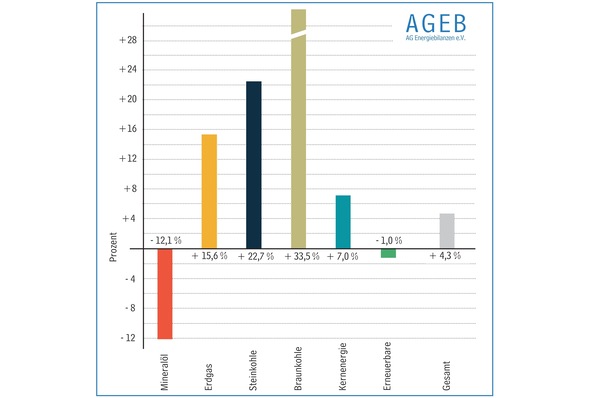 Entwicklung des Primärenergieverbrauchs im 1. Halbjahr 2021 in Deutschland, Veränderungen in Prozent, gesamt 6191 PJ (1719,7 TWh).
