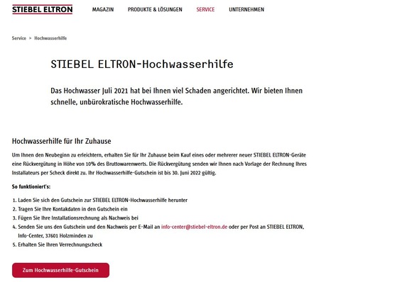 Mehr Informationen zur Stiebel Eltron-Hochwasserhilfe unter:  www.stiebel-eltron.de/hochwasserhilfe