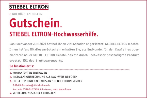 Unbürokratische Hochwasserhilfe von Stiebel Eltron per Gutschein und Verrechnungsscheck.