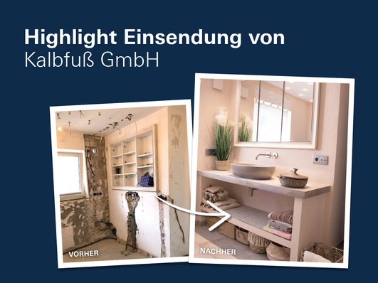 Ein preisverdächtiges Highlight: Vorher- und Nachher-Einsendung der Firma Kalbfuß GmbH aus Bad Dürkheim. Die Grohe Atrio Wandarmatur fügt sich perfekt in das Wohlfühlbad in warmen Farbtönen ein.