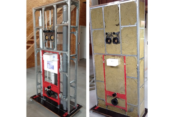 Bild 1 Installationsschacht unbefüllt (links) und Installationsschacht mit EBD Technologie befüllt.