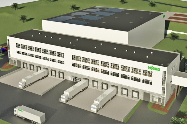 Das geplante neue Logistikzentrum aus der Vogelperspektive. Eine Brücke wird den Neubau mit der bestehenden Logistik verbinden.