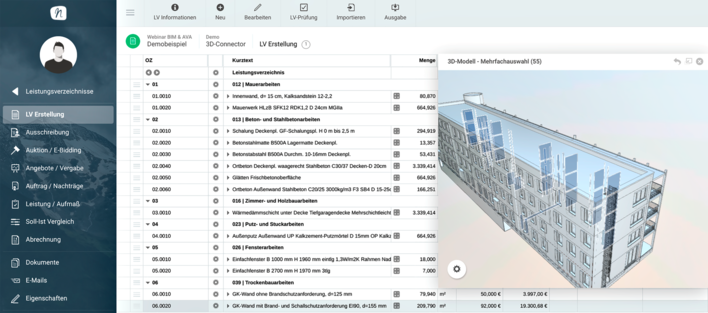 Nova Building IT: Die automatische Mengenermittlung mit dem LV 3D-Connector beschleunigt die LV-Erstellung mit Nova AVA.