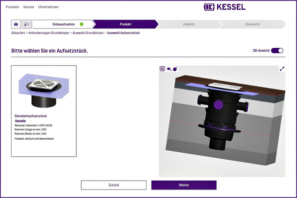 Kessel: Online-Planungsassistent für Ablauftechnik mit 3D-Viewing-Modell.