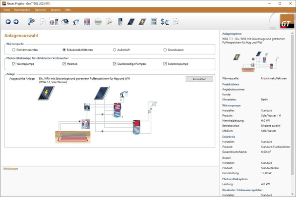 Valentin: Anlagenauswahl in GeoT*SOL 2023, Wärmepumpe mit Photovoltaik kombiniert.