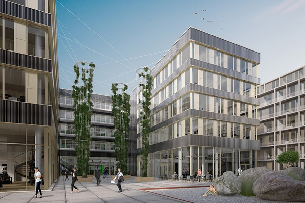 Bild 1 Zwei sich zugewandte Gebäude mit hufeisenförmigem Grundriss verbinden sich mit einem gemeinsamen Innenhof zum JobRad-Campus.